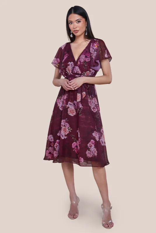 Goddiva Printed Lurex A-Line Flutter Sleeve Midi Dress - Berry sold by Goddiva