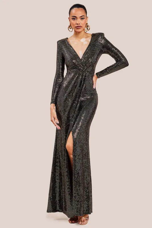 Wrap Style Front Split Metallic Maxi Dress - Gold by Goddiva sold by Goddiva