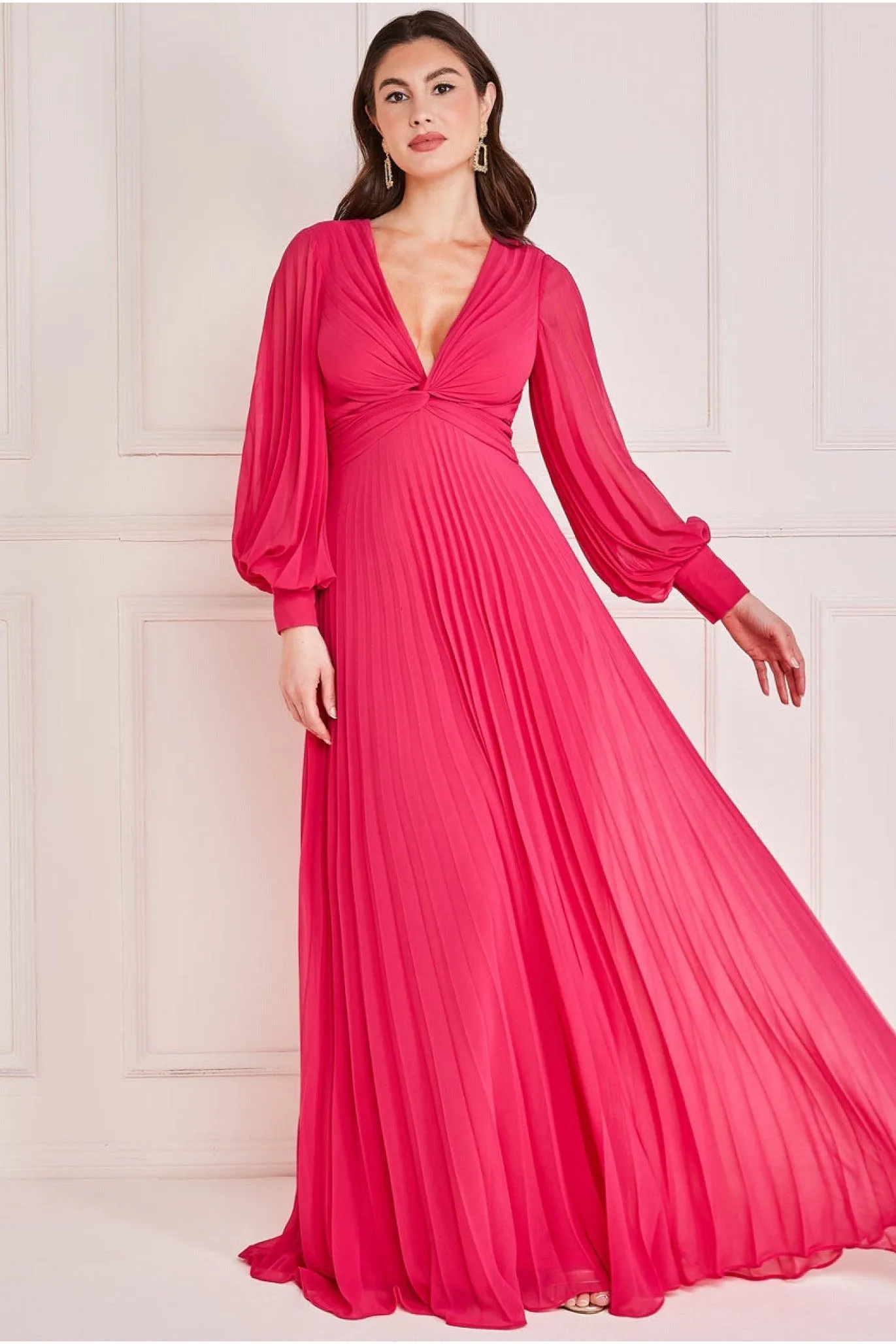 Fully Pleated Chiffon Maxi Dress - Hot Pink by Goddiva sold by Goddiva