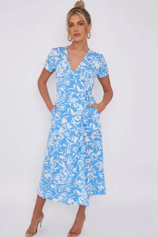 LOVE SUNSHINE Blue Floral Print Wrapped Midi Dress sold by Goddiva
