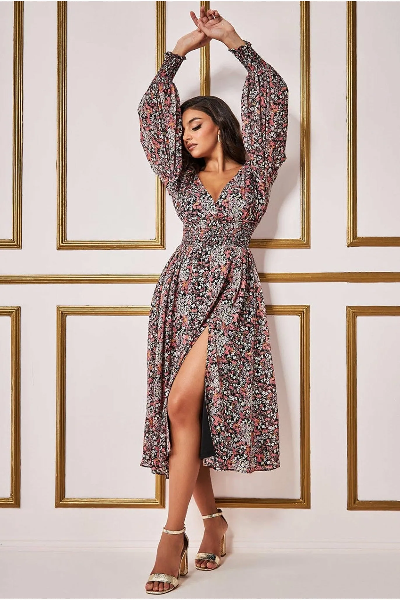 Goddiva Long Sleeve Midi Shirred Waistband - Floral Print sold by Goddiva