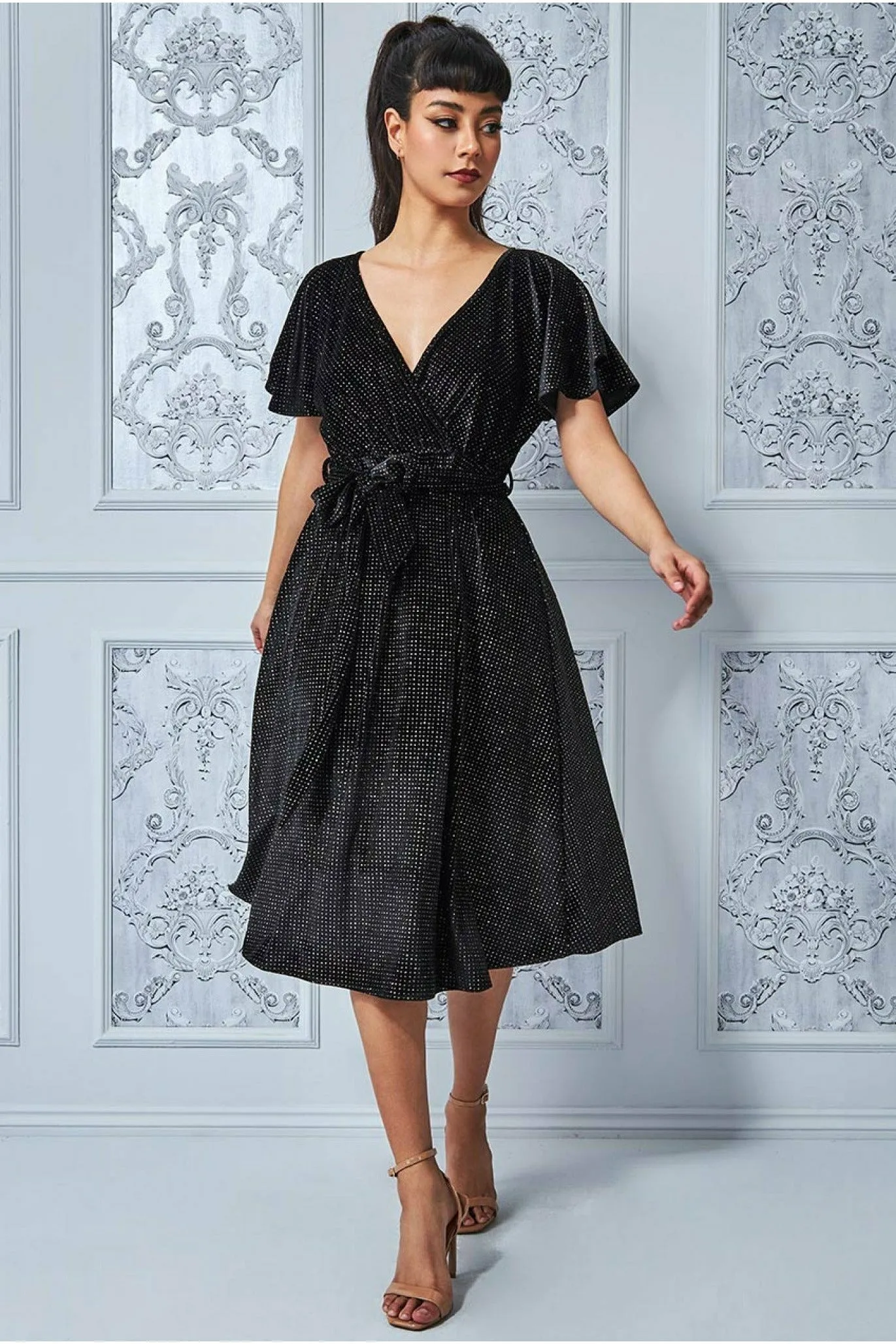 Sparkle Wrap Style Flutter Sleeve Midi Dress - Black by Goddiva sold by Goddiva product image thumbnail 3