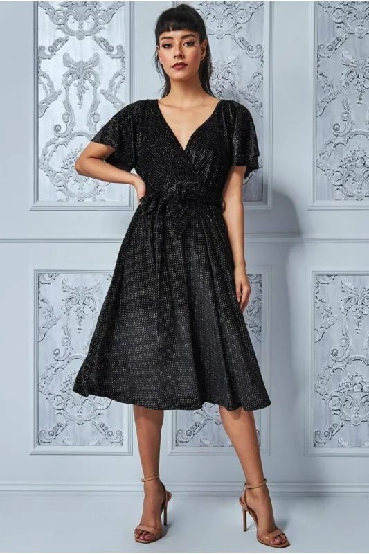 Sparkle Wrap Style Flutter Sleeve Midi Dress - Black by Goddiva sold by Goddiva