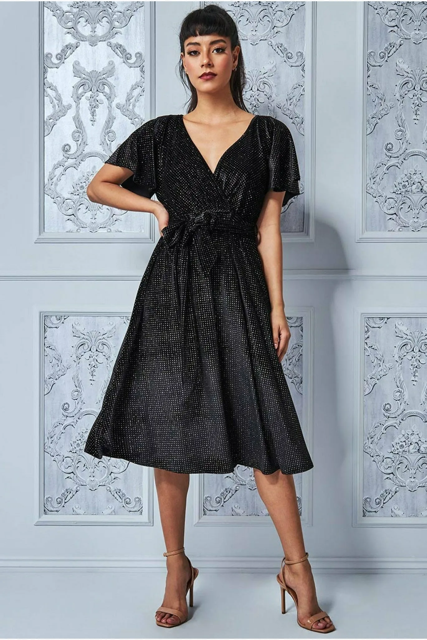 Sparkle Wrap Style Flutter Sleeve Midi Dress - Black by Goddiva sold by Goddiva