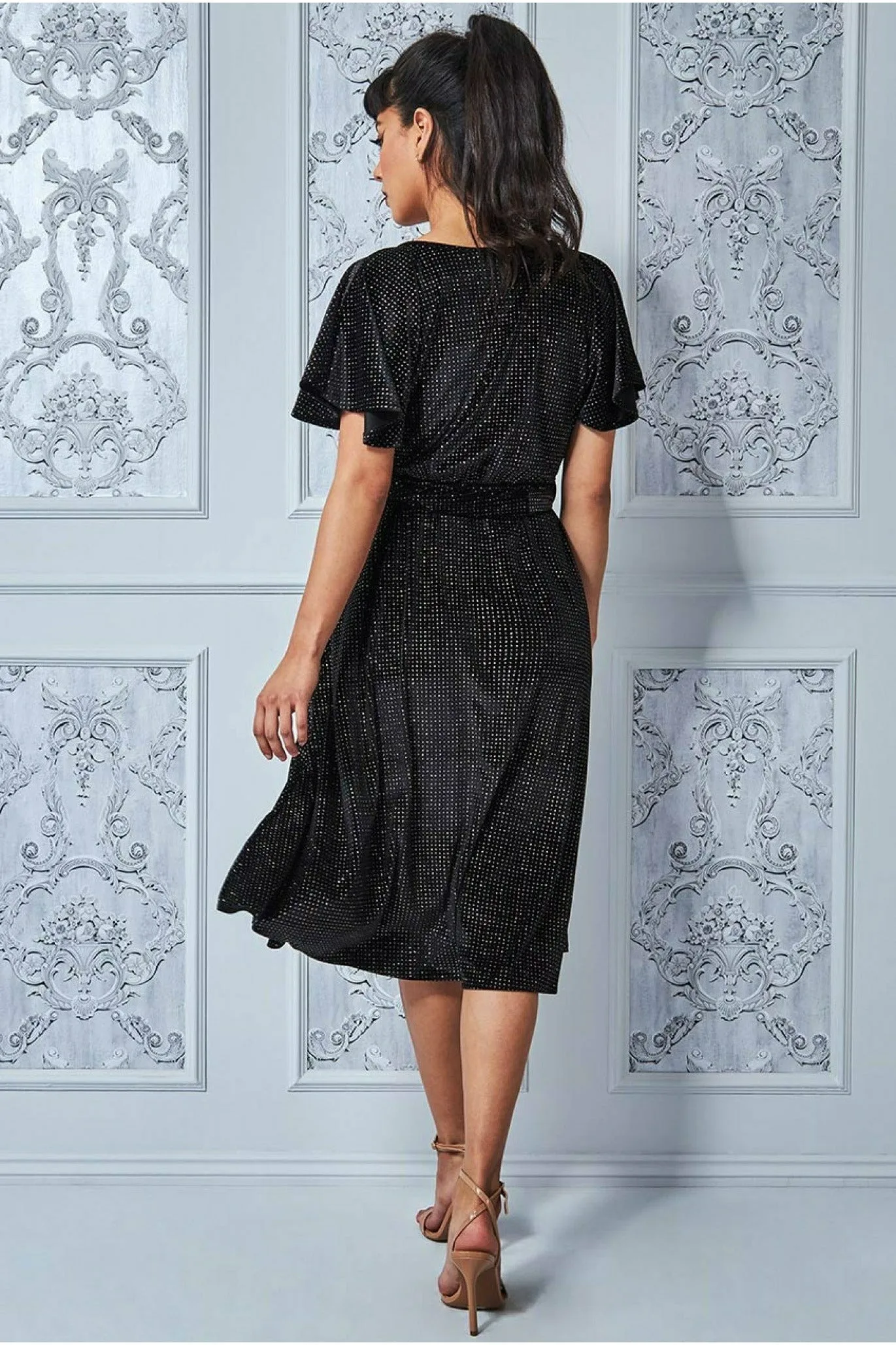 Sparkle Wrap Style Flutter Sleeve Midi Dress - Black by Goddiva sold by Goddiva product image thumbnail 2