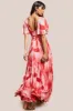 Printed Chiffon Pleated Maxi Dress - Coral by Goddiva sold by Goddiva