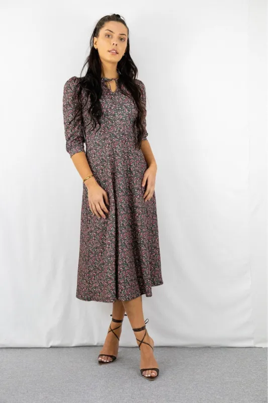 Signage Pink Disty Print Tie Keyhole Front Midi Dress sold by Goddiva