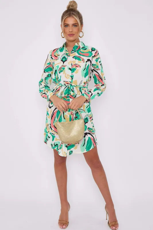 LOVE SUNSHINE Green Paisley Print White Mini Shirt Dress sold by Goddiva