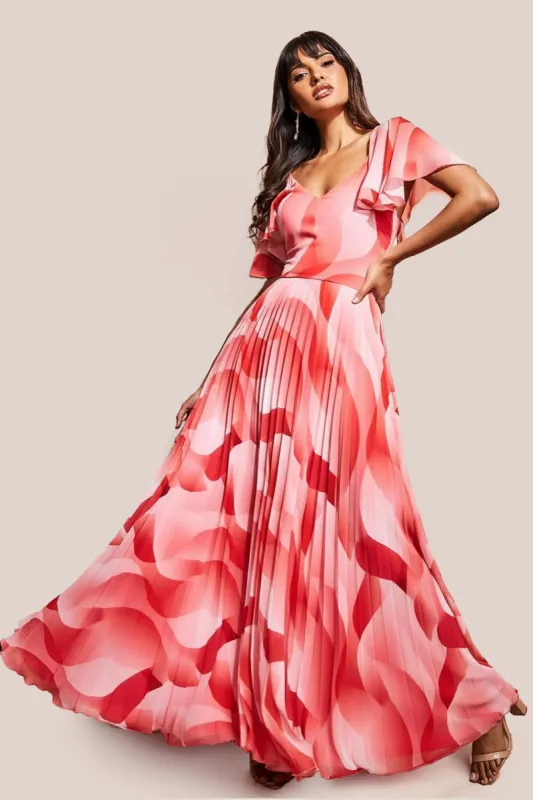 Printed Chiffon Pleated Maxi Dress - Coral by Goddiva sold by Goddiva