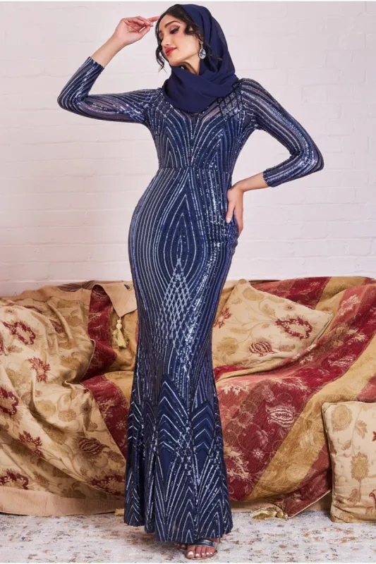Modesty Two Toned Sequin Maxi - Navy by Goddiva sold by Goddiva