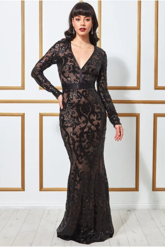 Embroidered Sequin & Mesh Maxi Dress - Black by Goddiva sold by Goddiva