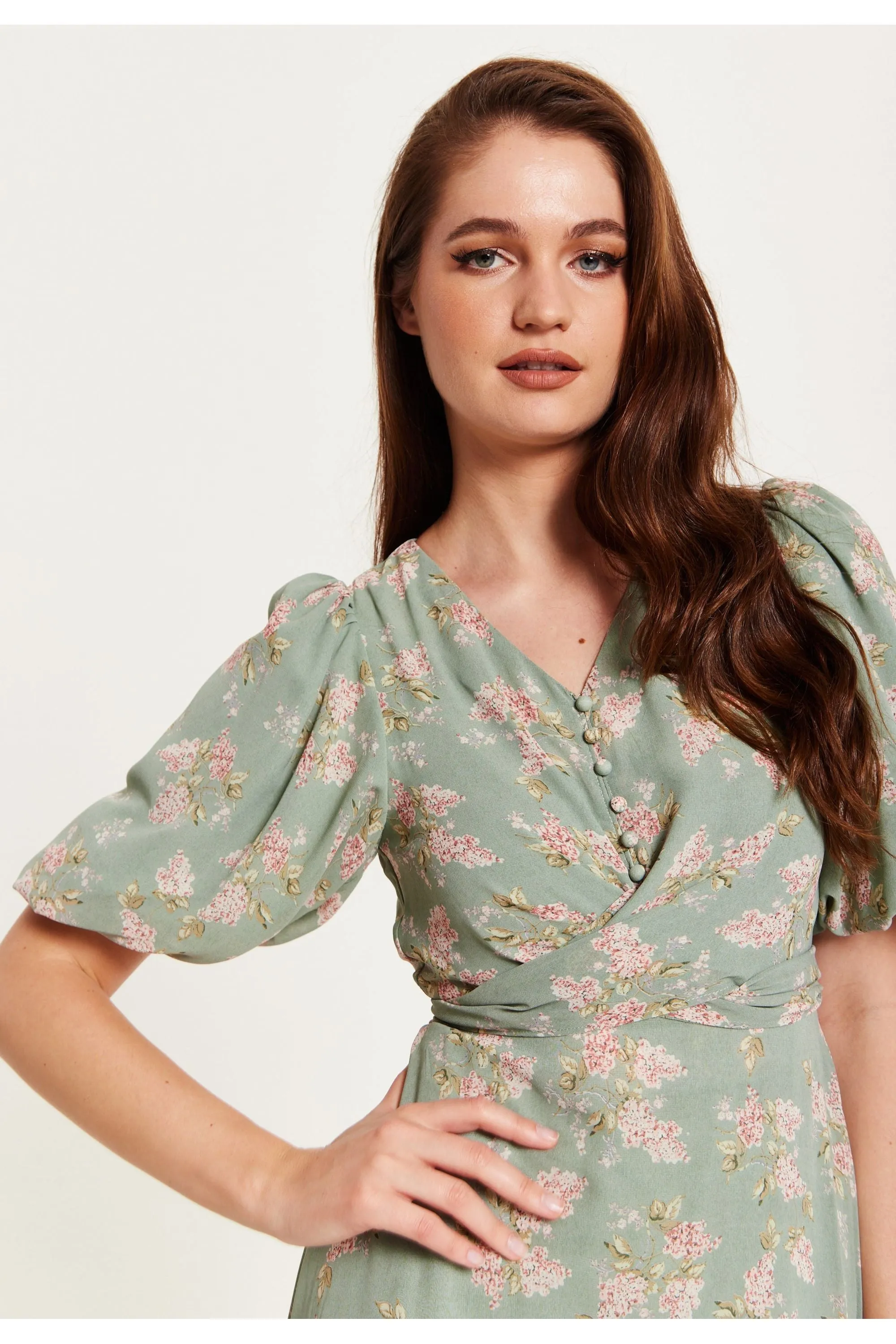 Liquorish Floral Midi Dress With Tie Waist In Mint Green sold by Goddiva product image thumbnail 3