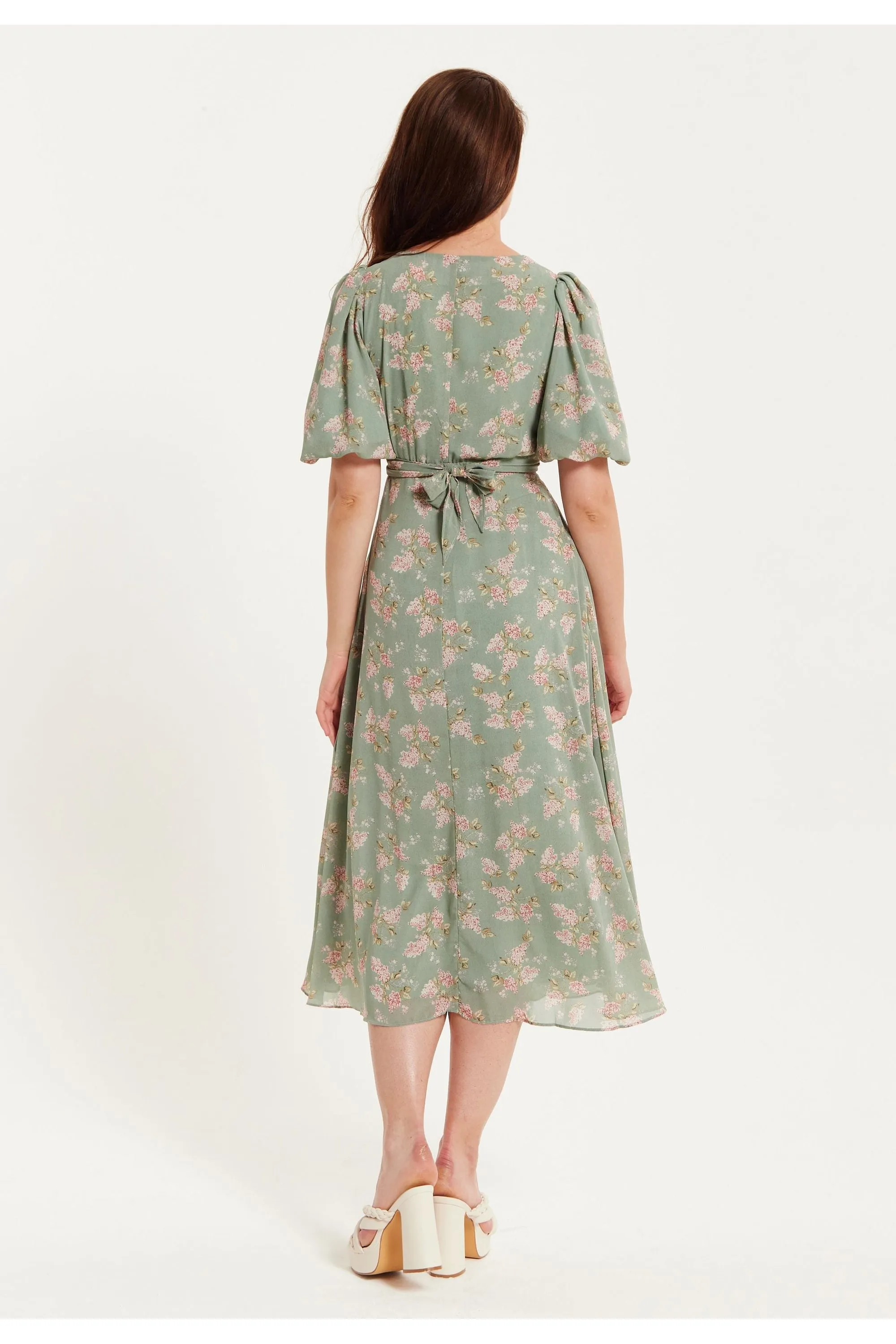 Liquorish Floral Midi Dress With Tie Waist In Mint Green sold by Goddiva product image thumbnail 4