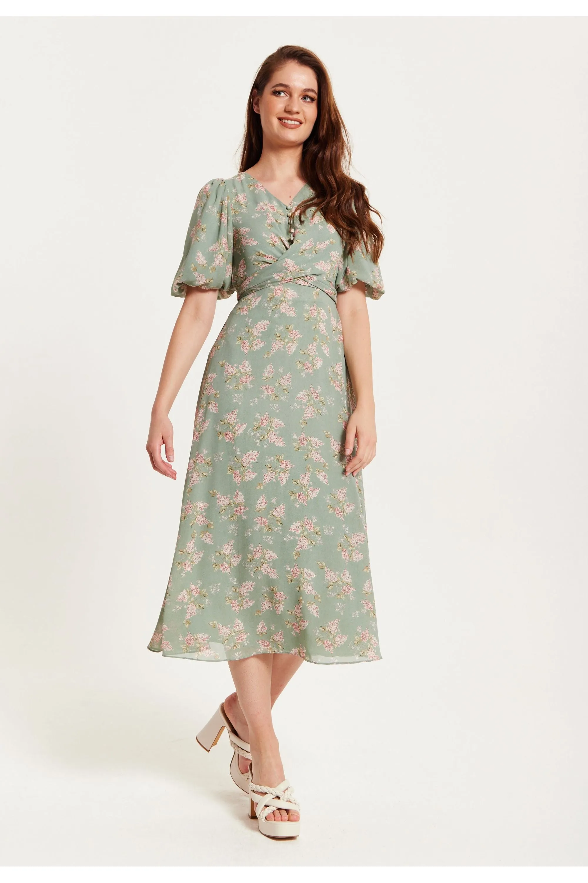 Liquorish Floral Midi Dress With Tie Waist In Mint Green sold by Goddiva
