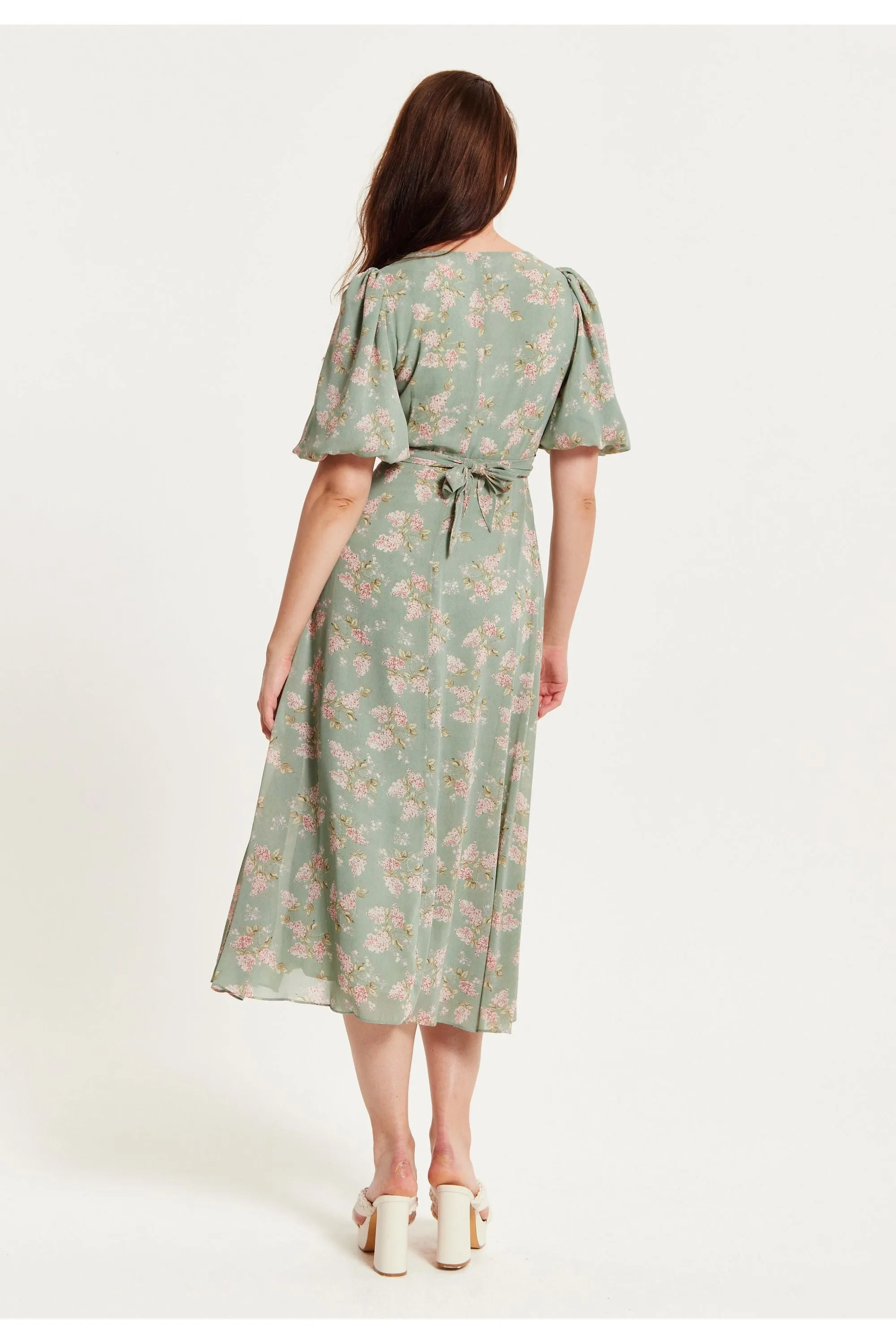 Liquorish Floral Midi Dress With Tie Waist In Mint Green sold by Goddiva product image thumbnail 5