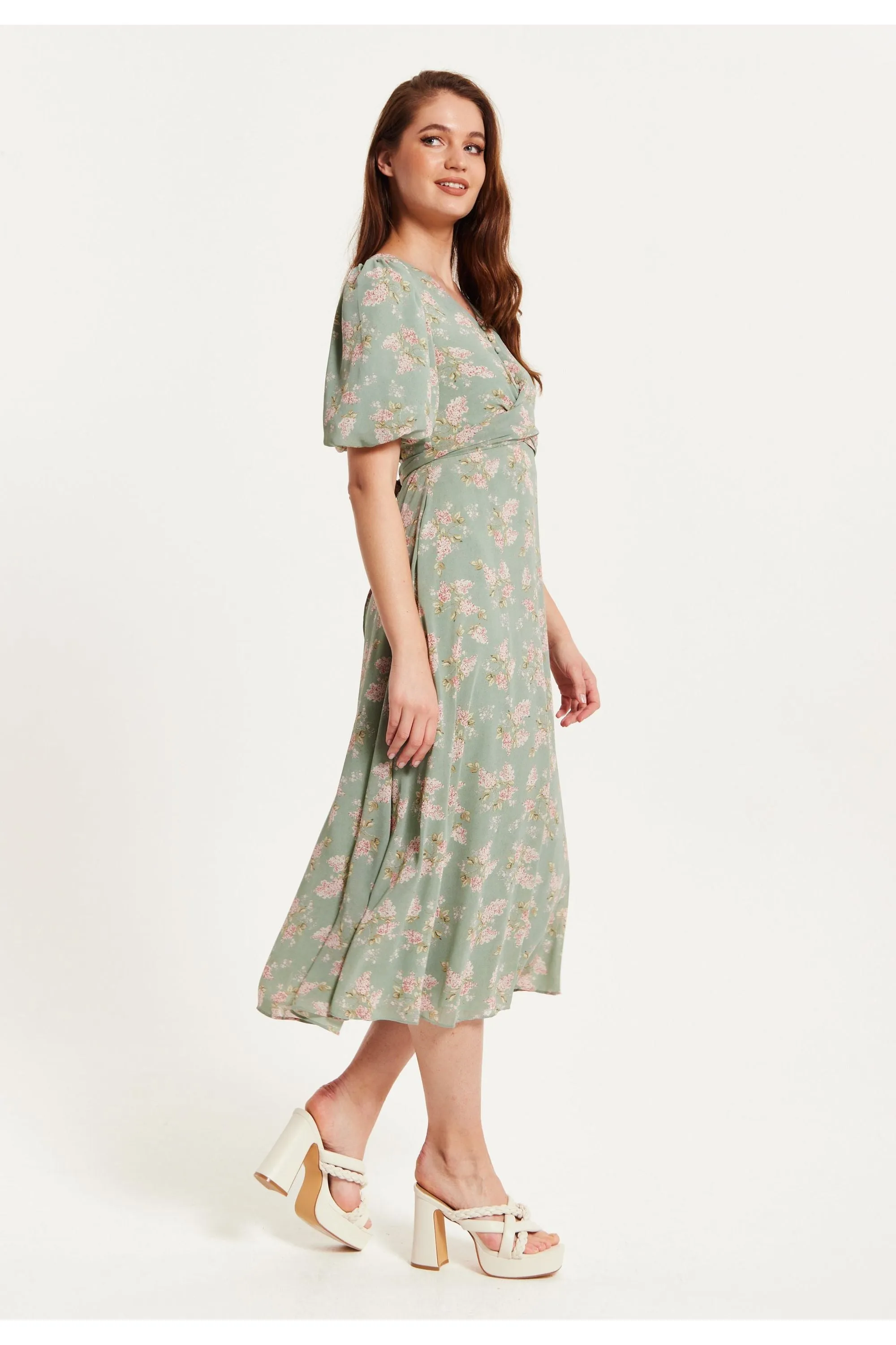 Liquorish Floral Midi Dress With Tie Waist In Mint Green sold by Goddiva product image thumbnail 2