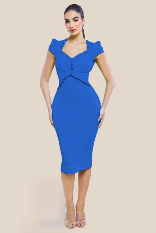 Cap Sleeve Frill Edge Midi Dress - Royal Blue by Goddiva sold by Goddiva