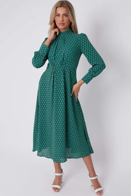 LOVE SUNSHINE Green Geo Print Pleated Skirt Midaxi Dress sold by Goddiva
