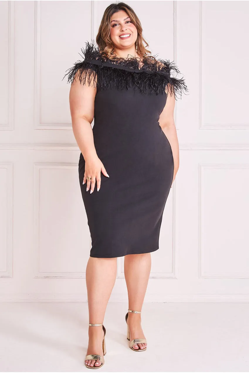 Off The Shoulder Feather Midi Dress - Black by Goddiva Plus sold by Goddiva