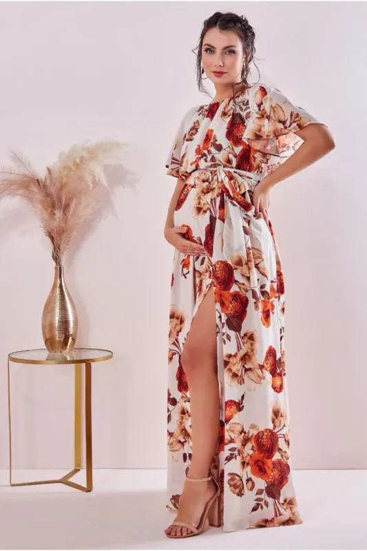 Maternity Wrap Back Flutter Sleeve Maxi Beige by Goddiva sold by Goddiva