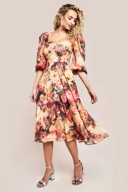 Goddiva Puff Sleeve Shirred Back Midi Dress - Orange sold by Goddiva