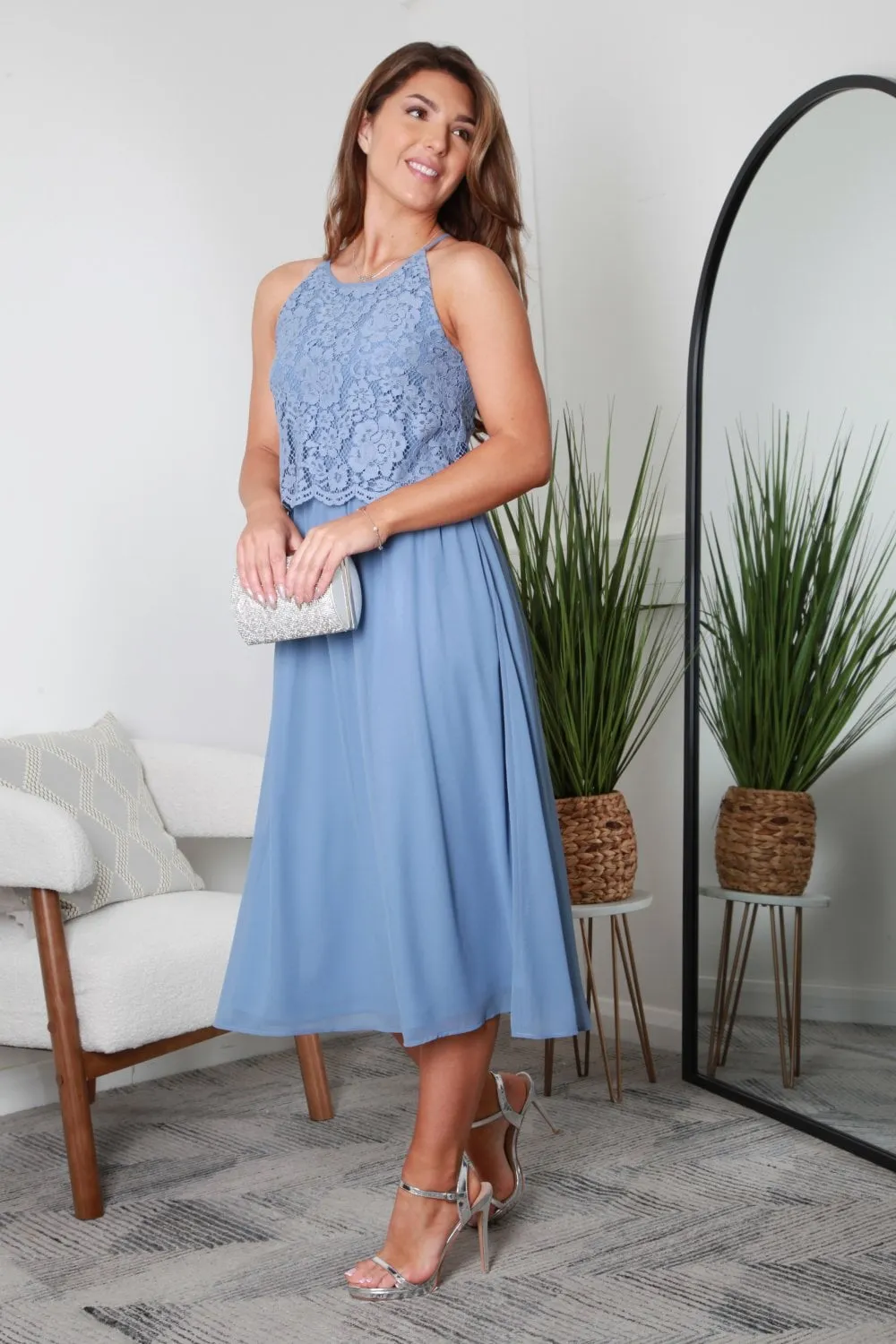 Blue Halter Neck Lace Layer Dress by Double Second sold by Goddiva product image thumbnail 4