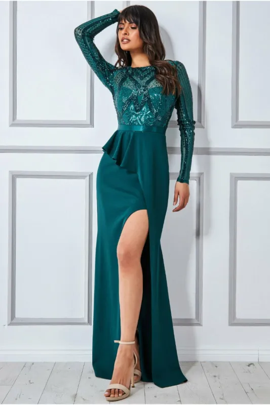 Goddiva Sequin Bodice With Front Frill Maxi - Emerald sold by Goddiva