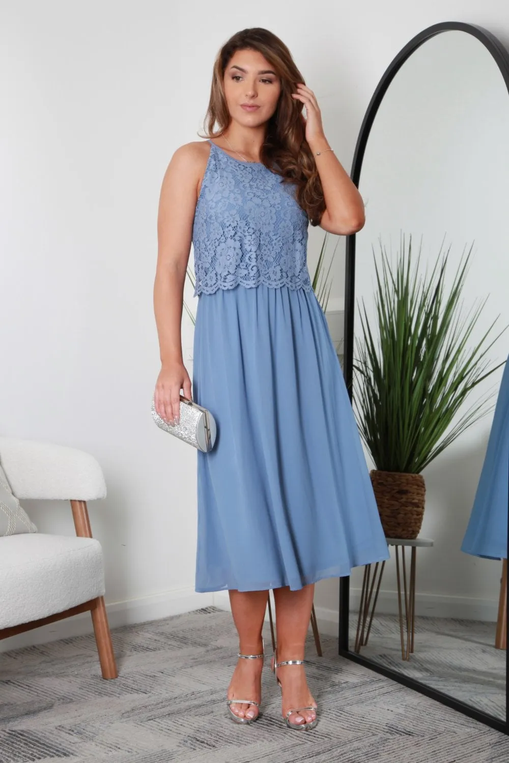 Blue Halter Neck Lace Layer Dress by Double Second sold by Goddiva product image thumbnail 2