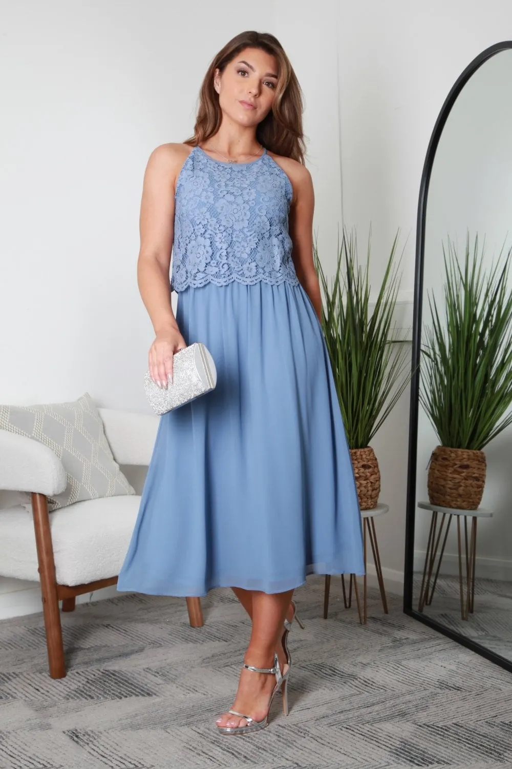 Blue Halter Neck Lace Layer Dress by Double Second sold by Goddiva product image thumbnail 3