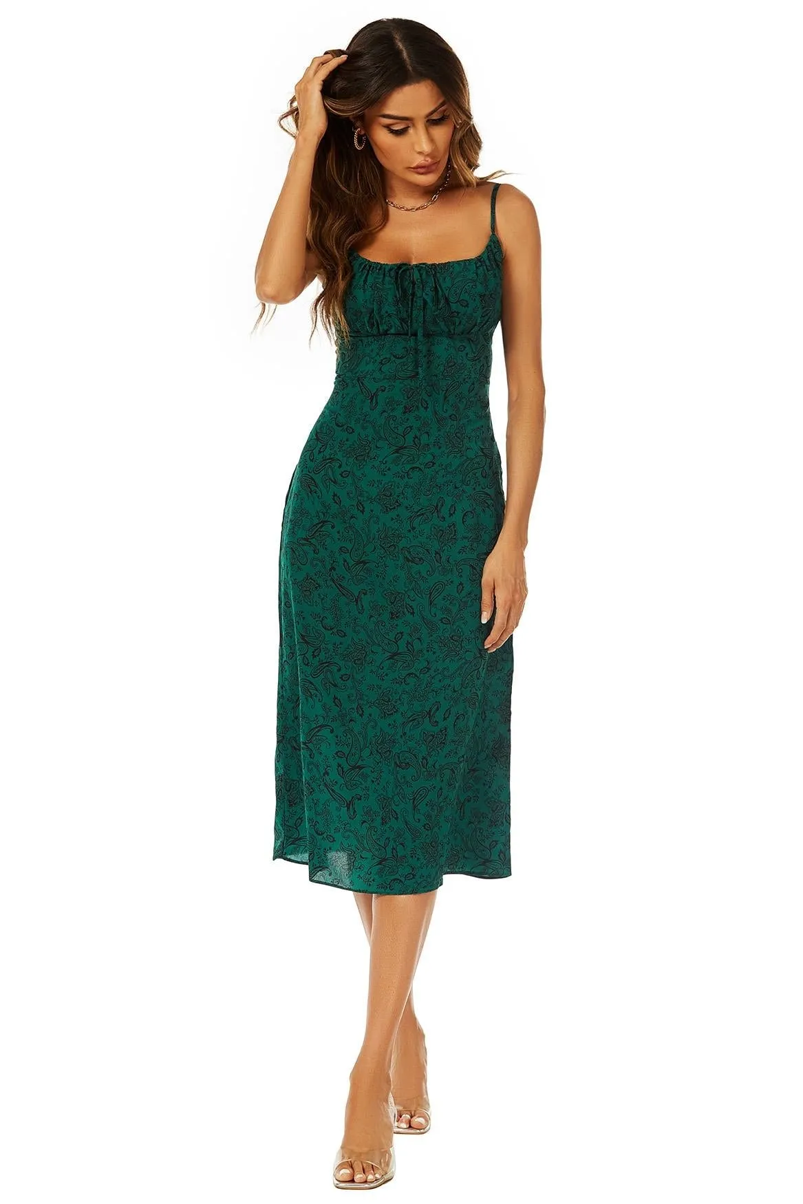 FS Collection Scoop Neckline Strappy Midi Dress With Keyhole In Green sold by Goddiva product image thumbnail 5