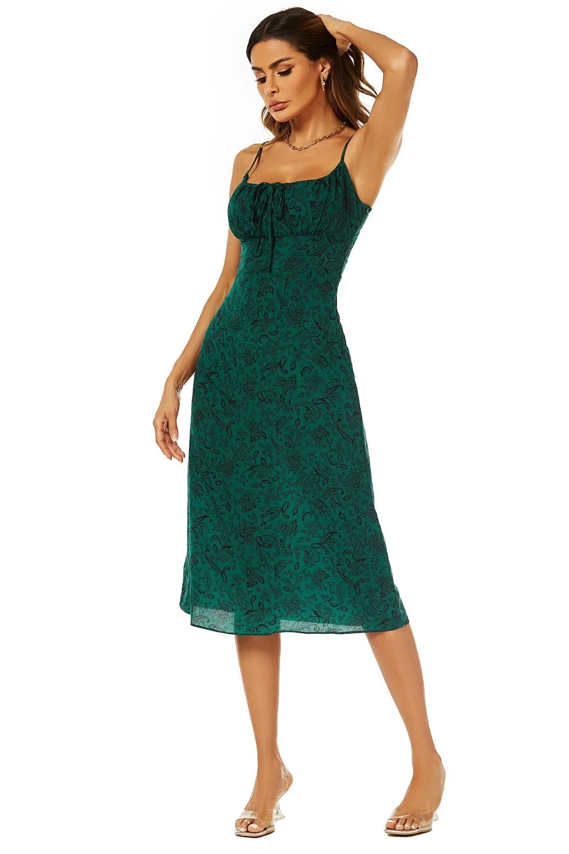 FS Collection Scoop Neckline Strappy Midi Dress With Keyhole In Green sold by Goddiva product image thumbnail 4