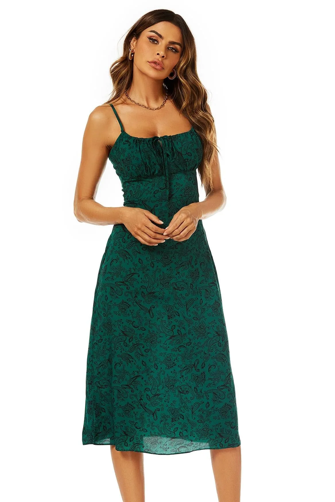 FS Collection Scoop Neckline Strappy Midi Dress With Keyhole In Green sold by Goddiva