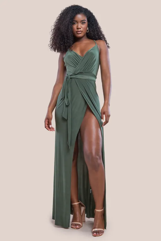 Wrap Front Maxi Slip Dress With Waist Tie-Up - Olive Green by City Goddess sold by Goddiva
