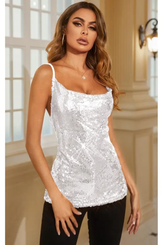 Cowl Neck Sequin Cami Top In Sliver White by FS Collection sold by Goddiva