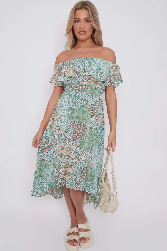 LOVE SUNSHINE Green Floral Patch Print Bardot Midi Dress made by Goddiva