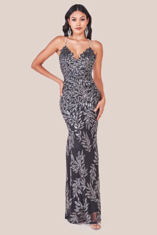 Goddiva Cross Back Diamante Strap Sequin Maxi - Gunmetal sold by Goddiva
