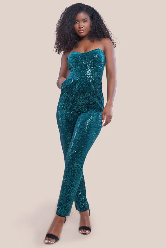 Sequin & Velvet Corset Jumpsuit - Emerald Green by Goddiva sold by Goddiva