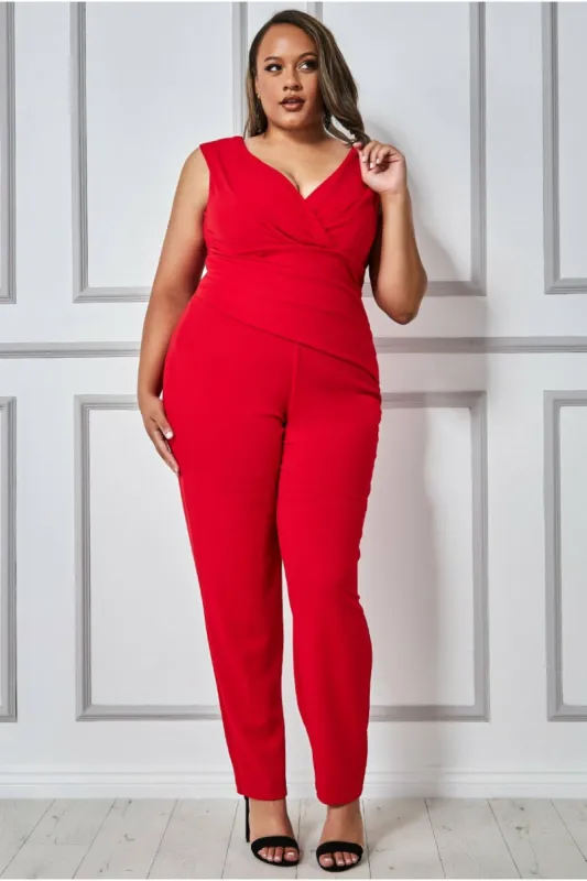 Bardot Scuba Jumpsuit - Red by Goddiva Plus sold by Goddiva