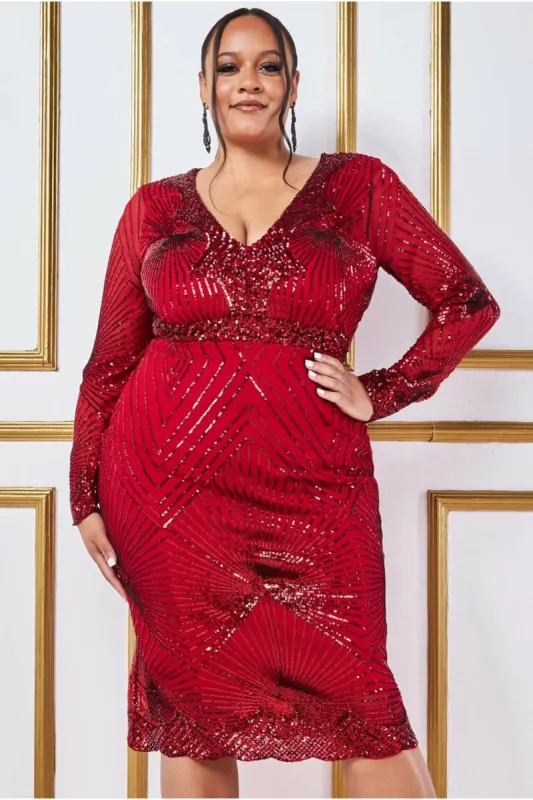 Scalloped Hem Starburst Midi Dress - Red by Goddiva Plus sold by Goddiva