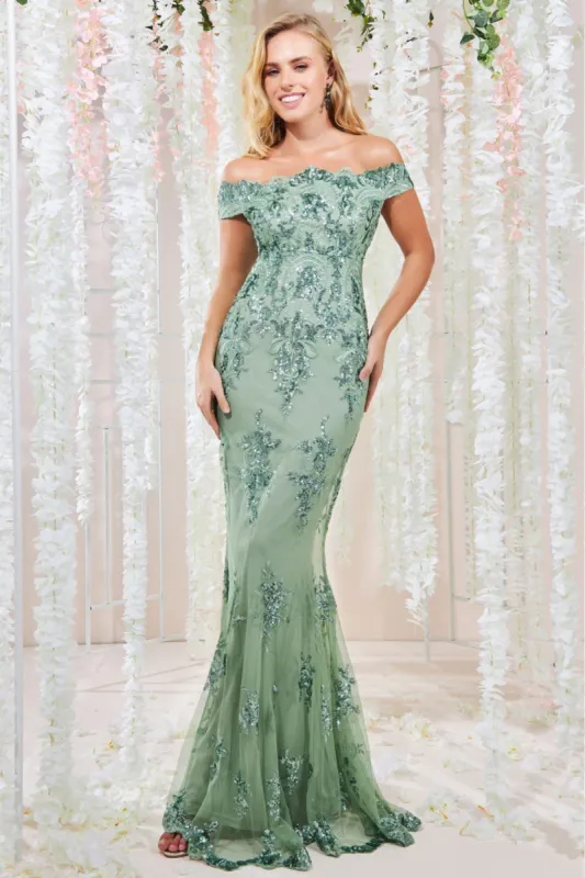Goddiva Bardot Sequin Embroidered Maxi Dress - Sage Green sold by Goddiva