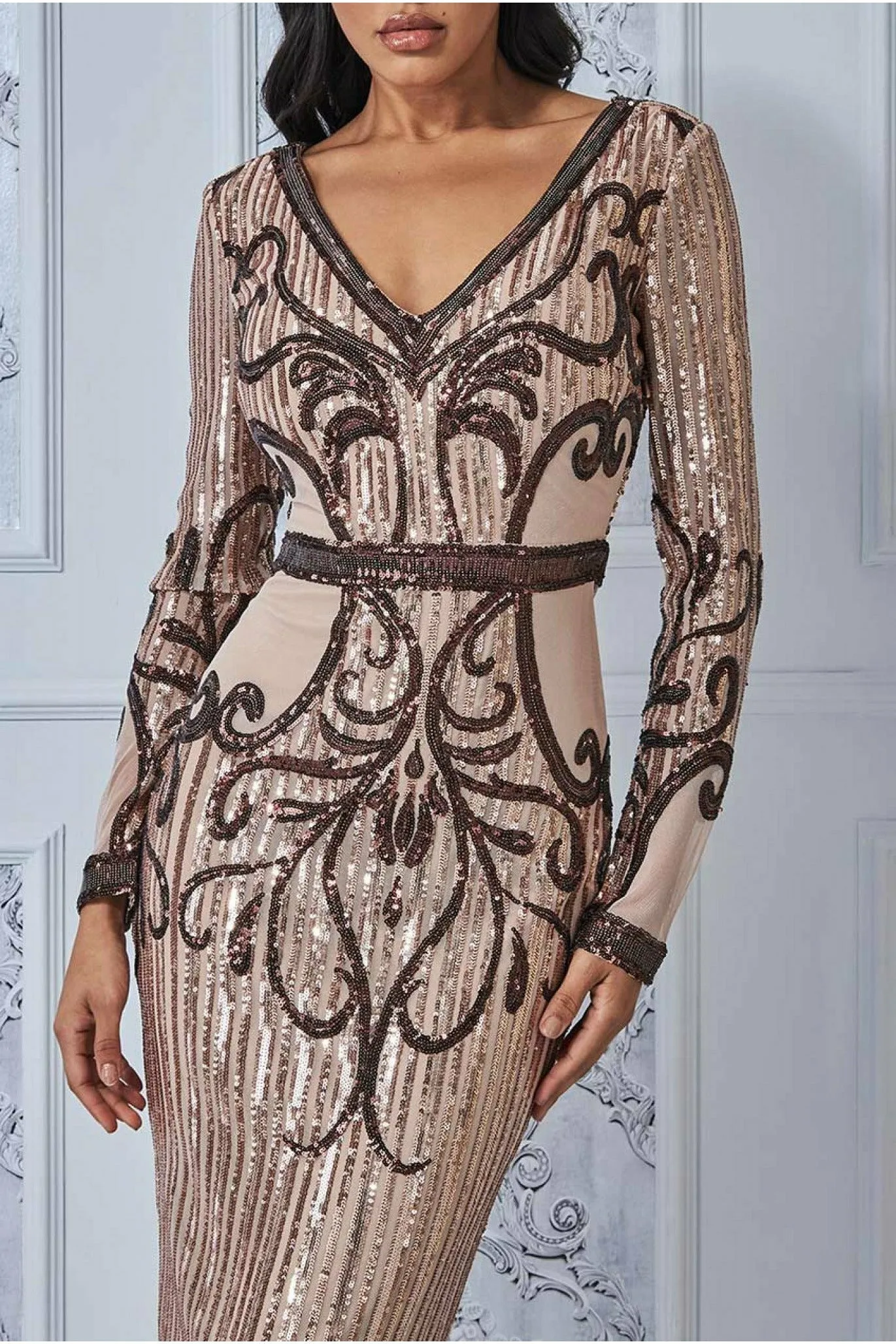 Goddiva Sequin & Mesh Embroidered Midi - Champagne sold by Goddiva product image thumbnail 4