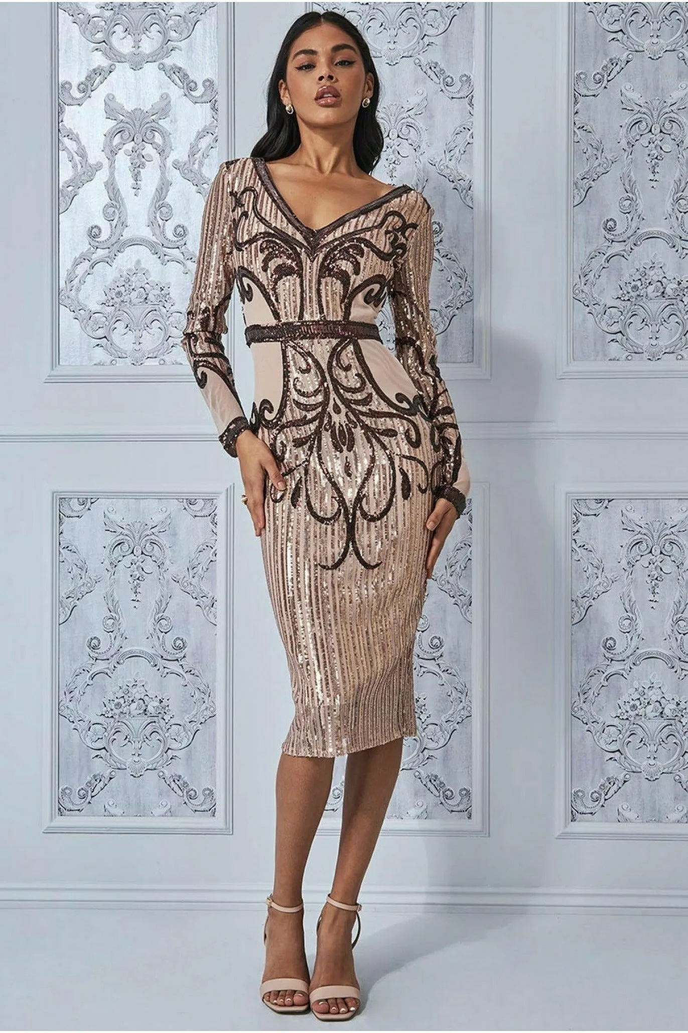 Goddiva Sequin & Mesh Embroidered Midi - Champagne sold by Goddiva product image thumbnail 2