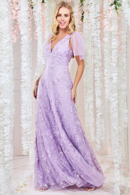 Goddiva Embroidered Lace Maxi Flutter Sleeves - Lilac sold by Goddiva