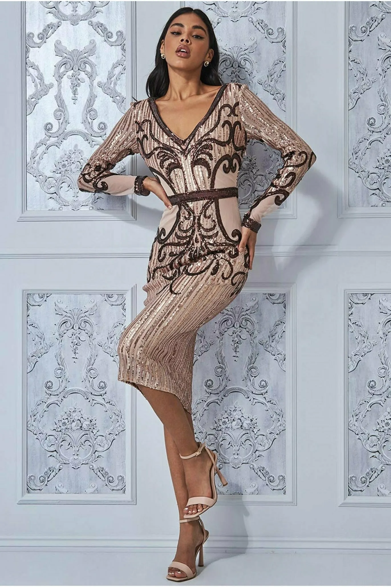 Goddiva Sequin & Mesh Embroidered Midi - Champagne sold by Goddiva