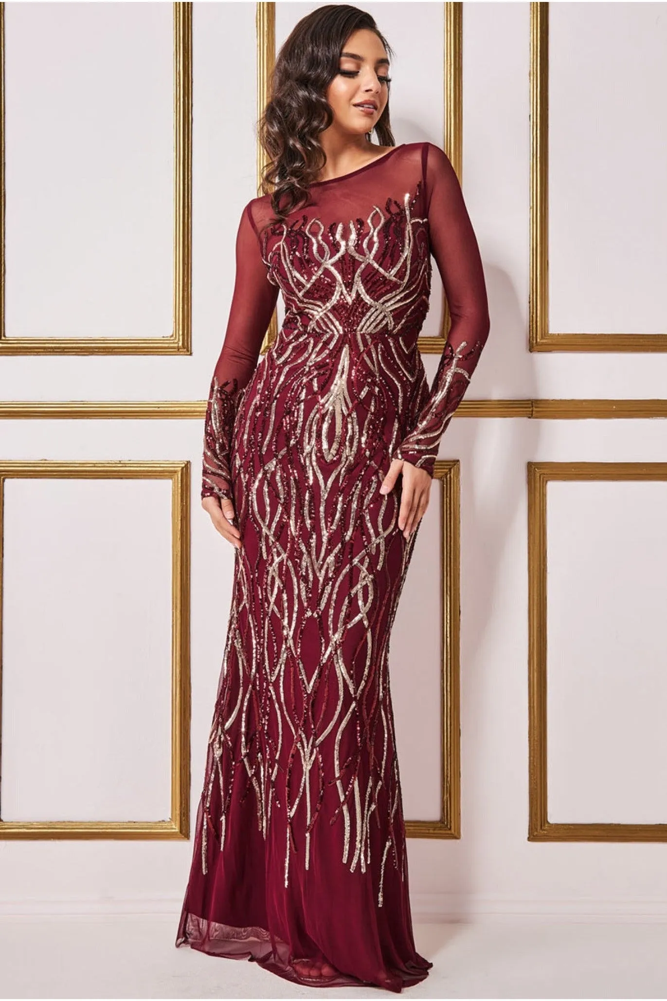 Goddiva Long Sleeve Sequin Flame Maxi Dress - Wine sold by Goddiva
