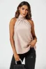 Satin Halter Neck Tie Back Top In Light Brown by FS Collection sold by Goddiva