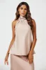 Satin Halter Neck Tie Back Top In Light Brown by FS Collection sold by Goddiva
