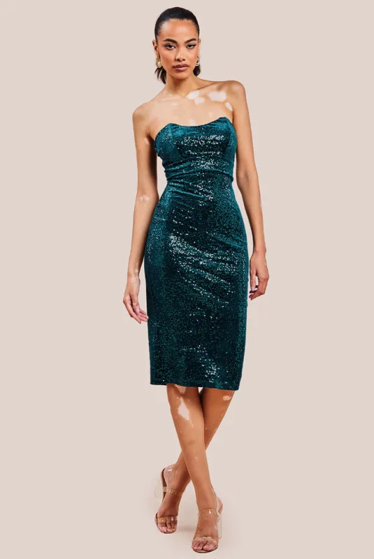 Bandeau Sequin & Velvet Midi Dress - Emerald Green by Goddiva sold by Goddiva