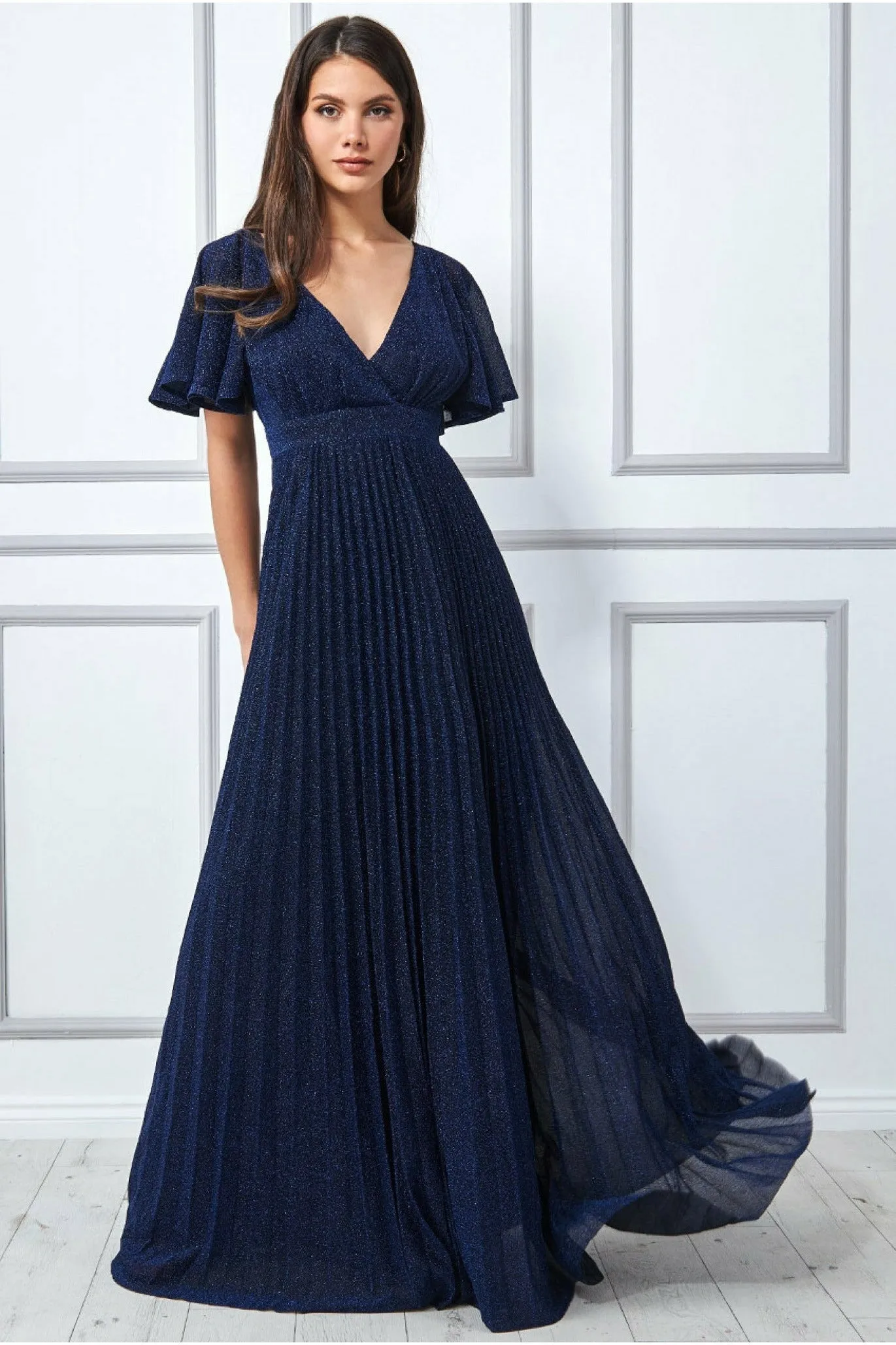 Goddiva Lurex Pleated Maxi Dress - Navy sold by Goddiva
