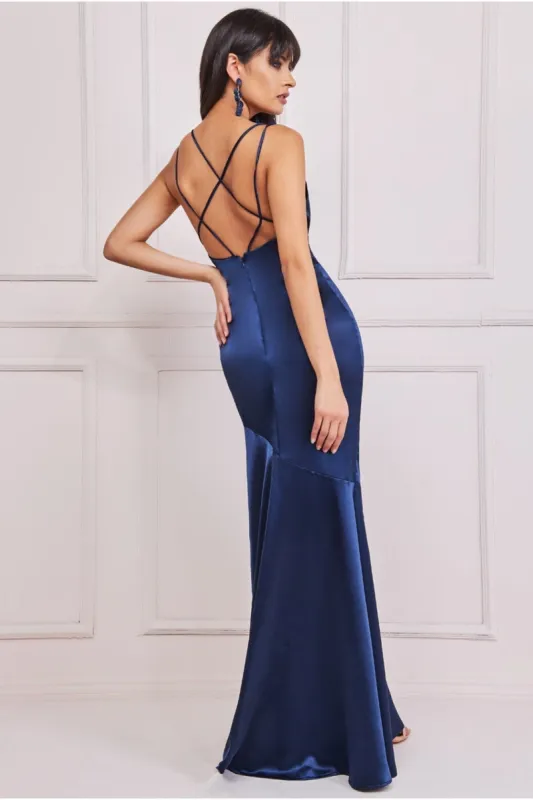 Cowl Neck With Strappy Back Satin Maxi - Navy by Goddiva sold by Goddiva